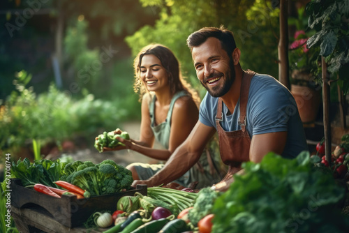 Happy adult men and woman harvesting vegetables for agriculture concept.