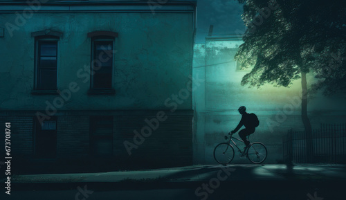 Halloween, man rides a bicycle to a scary house.