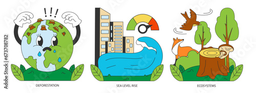 Climate change set. Planet temperature rising and sea level rising due to CO2 emissions. Nature preservation measures. Sustainability goal. Flat vector illustration