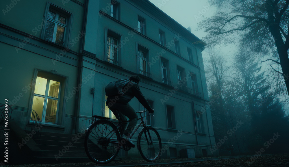 Halloween, man rides a bicycle to a scary house. Halloween, man rides a bicycle to a scary house.