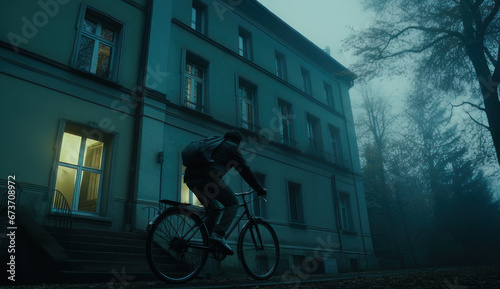 Halloween, man rides a bicycle to a scary house.