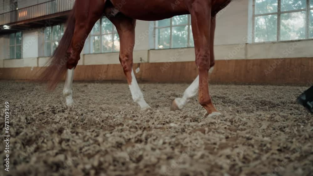 Brown horse with white socks walks gracefully with trainer Brown horse with white socks walks gracefully with trainer