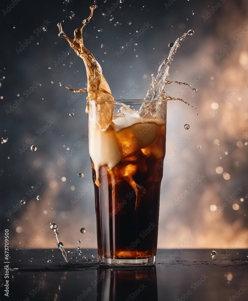 cold brew latte on dark marble background, coffee splash, drops and explosion

