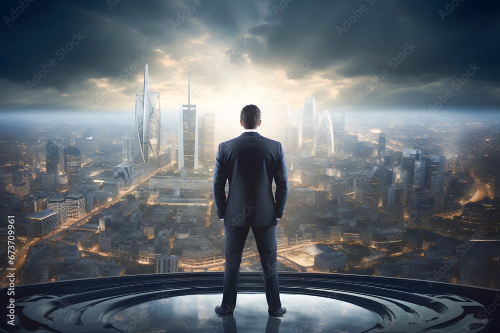 Businessman standing on the edge of a circle and looking at the city ai generated art Businessman standing on the edge of a circle and looking at the city ai generated art
