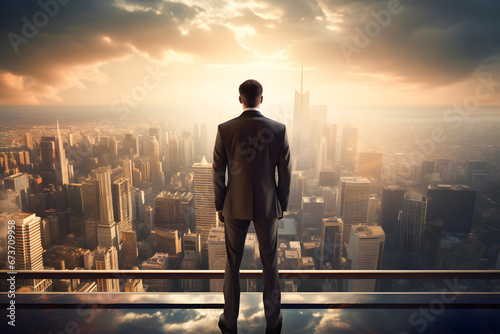 Businessman standing on the roof of a skyscraper and looking at the city ai generated art