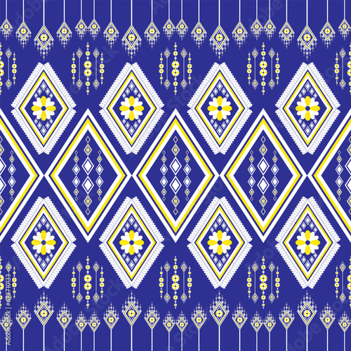 Geometric ethnic embroidery floral pattern, beautiful and unique from local woven fabric. Blue background, designed for garment, tile, clothing, textile, carpet, cloth bag.