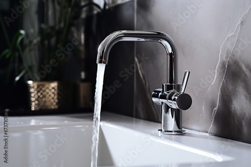 A close-up view of a water-saving faucet installed in a bathroom sink, showcasing an eco-friendly approach to water consumption. photo