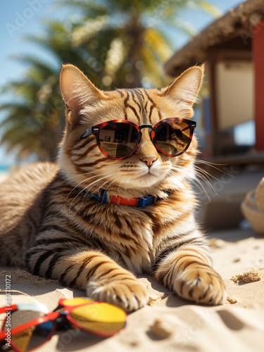 a cute cat is sunbathing with sunglasses on the beach