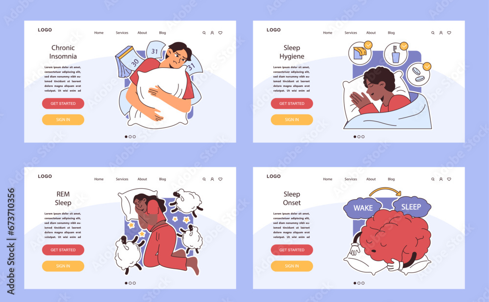 Insomnia web or landing set. Diverse characters suffering from sleep deprivation. Sleep and mental disorder. Sleep hygiene and stages. Circadian rhythm maintaining. Flat vector illustration.