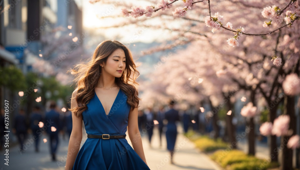 Bellissima ragazza di origini asiatiche con un vestito blu cammina su un viale alberato di ciliegi in fiore in primavera - obrazy, fototapety, plakaty 