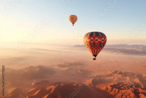 Two colorful air balloons floating over the desert, aerial view.generative ai 
