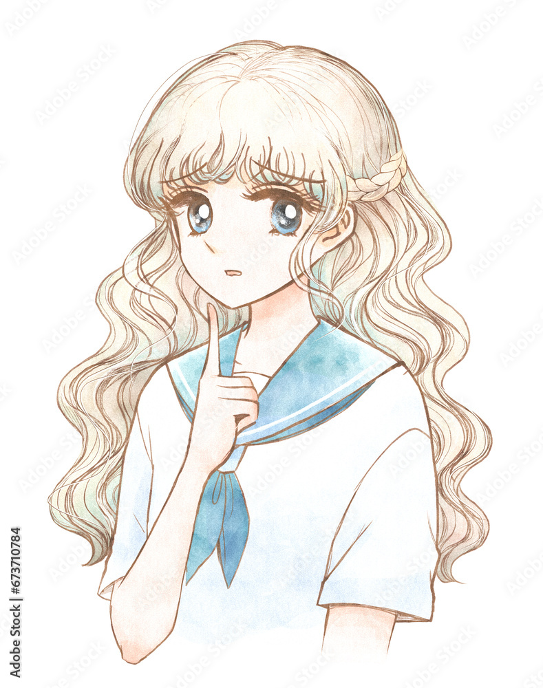不安そうな80年代少女まんが風の美少女キャラクター 不安そうな80年代少女まんが風の美少女キャラクター