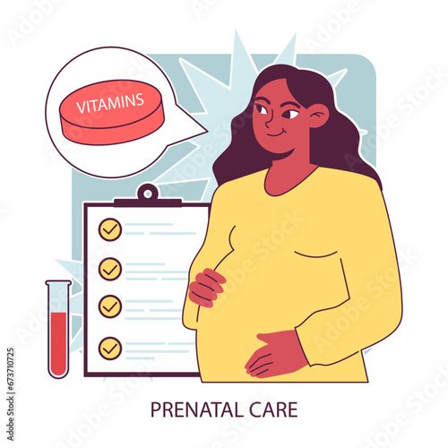 Prenatal care. Expectant mother taking vitamins and supplements. Pregnant woman health medical check up. Multivitamins intake with healthy nutrients. Flat vector illustration.