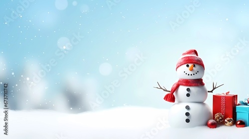 Chrismas decorations on a white snow. Cute Snowman with a snowflakes, chrismas balls and gifts on a blurred background with snowflakes. © serdjo13