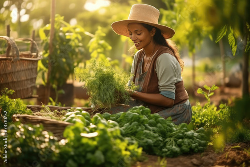 Happy woman wearing a hat harvesting vegetables for agriculture concept.