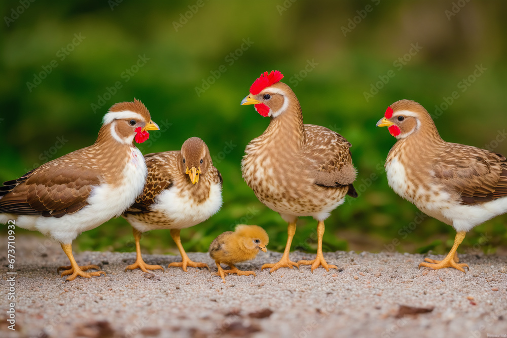 Fototapeta premium The hen with the chicks. Chicken, rooster. Life in the Henhouse. Generative AI
