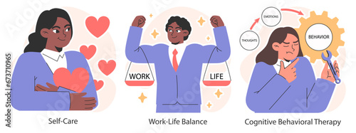 Stress management set. Diverse office characters work burnout. Employee work-life balance, relaxation techniques and self-care. Emotional intelligence and mindfulness. Flat vector illustration. photo