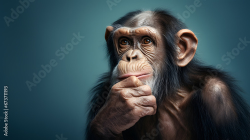 intensely thinking monkey chimpanzee with hand on chin photo
