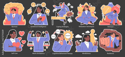 Stress management night or dark mode set. Diverse office characters burnout. Employee work-life balance, relaxation techniques and self-care. EQ and mindfulness. Flat vector illustration.