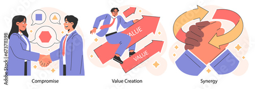 Win-win set. Professionals, employees navigate challenges, finding mutual success. Compromise, synergy and collaboration in negotiation process. Flat vector illustration.