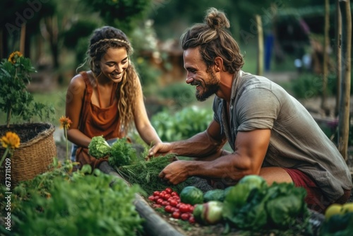 Happy adult men and woman harvesting vegetables for agriculture concept.