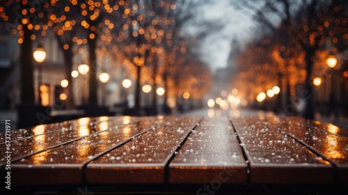 Christmas Decorated illuminated tree in town square. Empty wooden table top with blurred Christmas tree and snowfall with bokeh light background. Christmas Holidays.