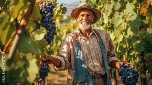 Portrait of happy male senior farmer in grape garden harvest.