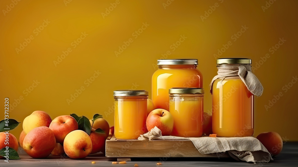 Homemade delicious canned apple compote with juice in glass jar. Appetizing peach jam in jars on a dark background. Home preservation. Homemade delicious canned apple compote with juice in glass jar. Appetizing peach jam in jars on a dark background. Home preservation.