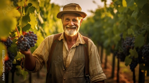 Portrait of happy male senior farmer in grape garden harvest.