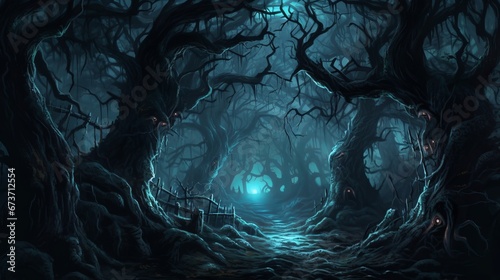 A spooky forest filled with twisted trees and glowin AI generated illustration