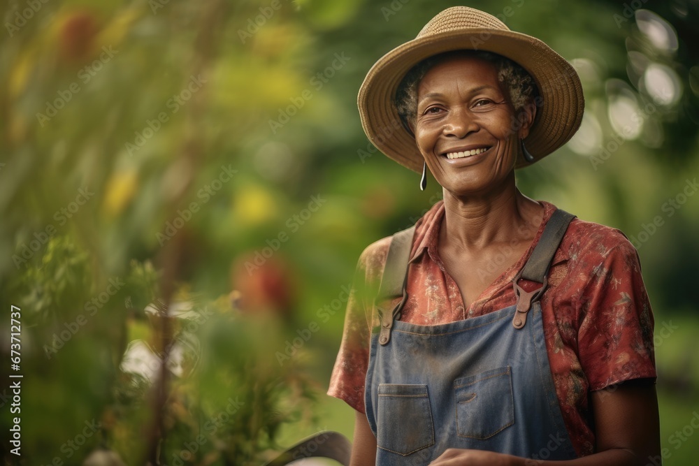 Portrait of happy female farmer in garden background.