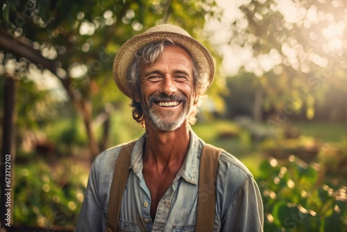 Portrait of happy male senior farmer in garden harvest.