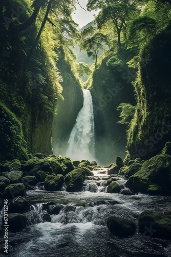 A vertical shot of a beautiful waterfall AI generated illustration