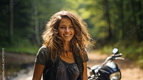 Admirable lady riding a motorbike and glancing ahead