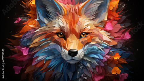 Multicolor geometric illustration of a fox. Colourful poly graphic on black background. © Allistair/Peopleimages - AI