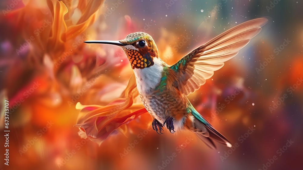 Fototapeta premium Blurred motion of a hummingbird hovering over a flow AI generated illustration