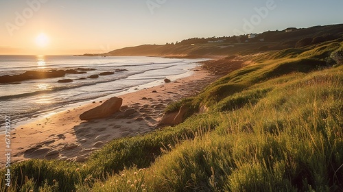 Stunning Tranquil Beach Landscape. Coast dune beach sea  panorama. Wooden fences on the shore. Sand and green grass.