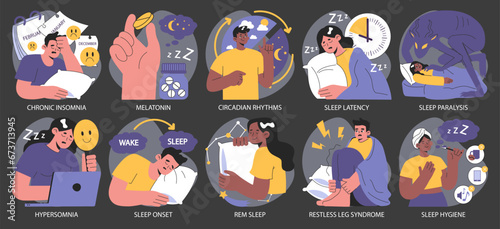 Insomnia dark or night mode set. Diverse characters suffering from sleep deprivation. Sleep and mental disorder. Sleep hygiene and stages. Circadian rhythm maintaining. Flat vector illustration. photo