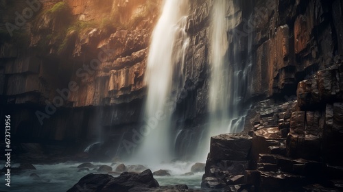 Blurred motion of a waterfall cascading down a rocky AI generated illustration