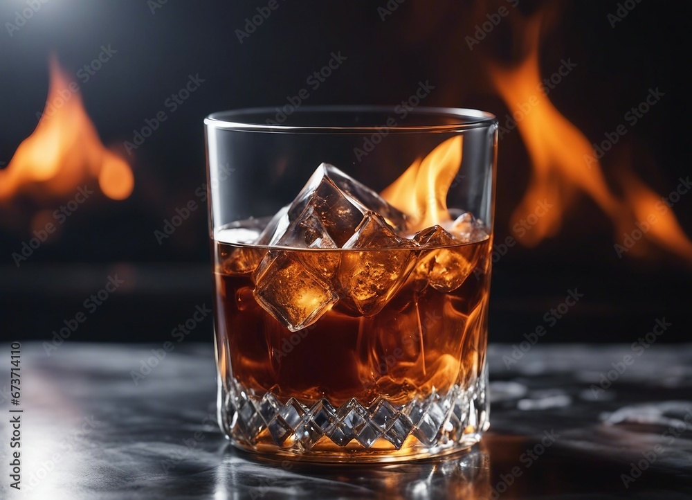 glass of Whishey with ice on dark marble background, flame background
glass of Whishey with ice on dark marble background, flame background