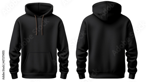 Black front and back view hoodie mockup image isolated on transparent background. No background.