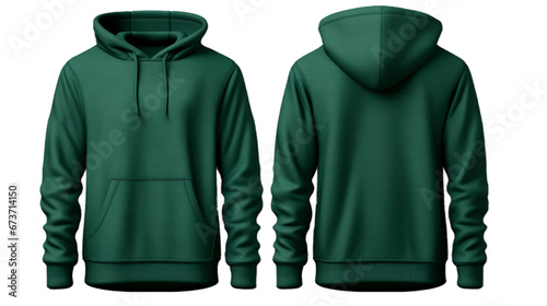 Green front and back view hoodie mockup image isolated on transparent background. No background.