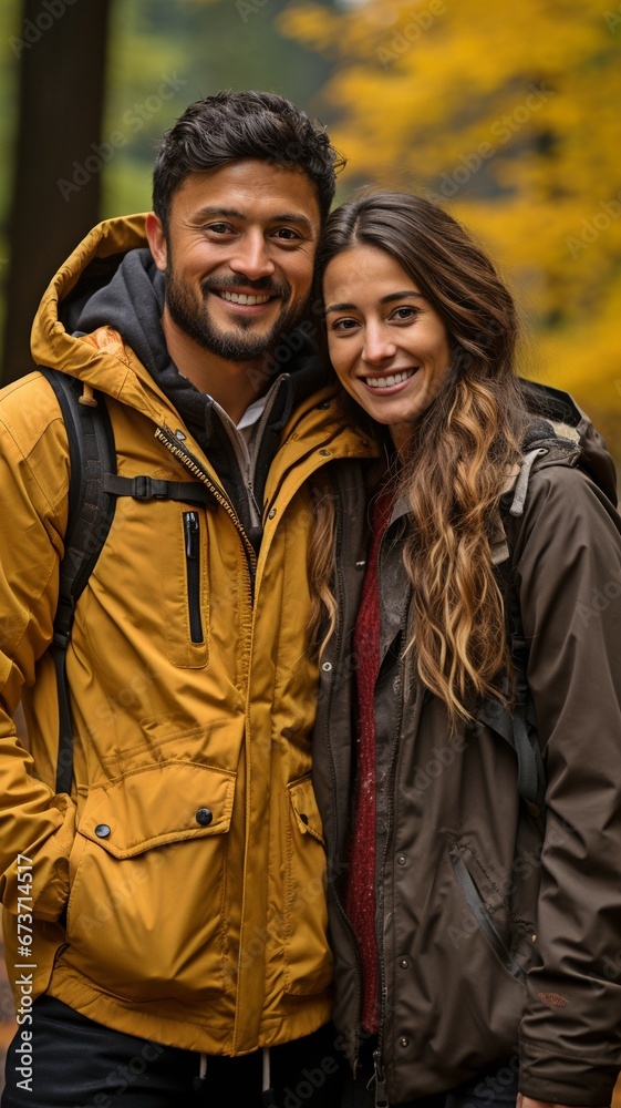 A couple from diverse ethnic backgrounds strolling through a park adorned with vibrant autumn foliage.