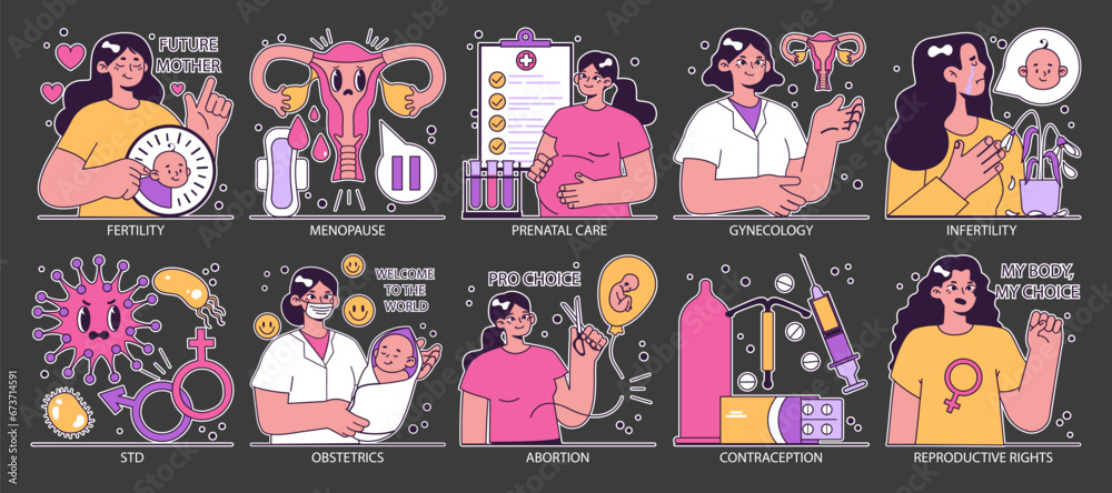 Reproductive health dark or night mode set. Pregnancy monitoring and gynecology disease. Family planning and prenatal care. Female empowerment, abortion and contraception. Flat vector illustration - obrazy, fototapety, plakaty 