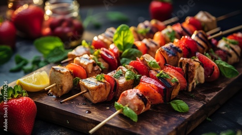 Meat on skewers. grilled meat, kebab from chicken fillet, seasoned with sauce. Grilled vegetables with meat.