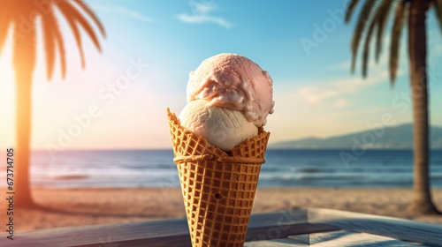 Ice cream in a waffle cone against the backdrop of t AI generated illustration