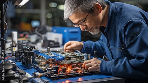 An electronics engineer troubleshooting a hardware product's flaws . photo
