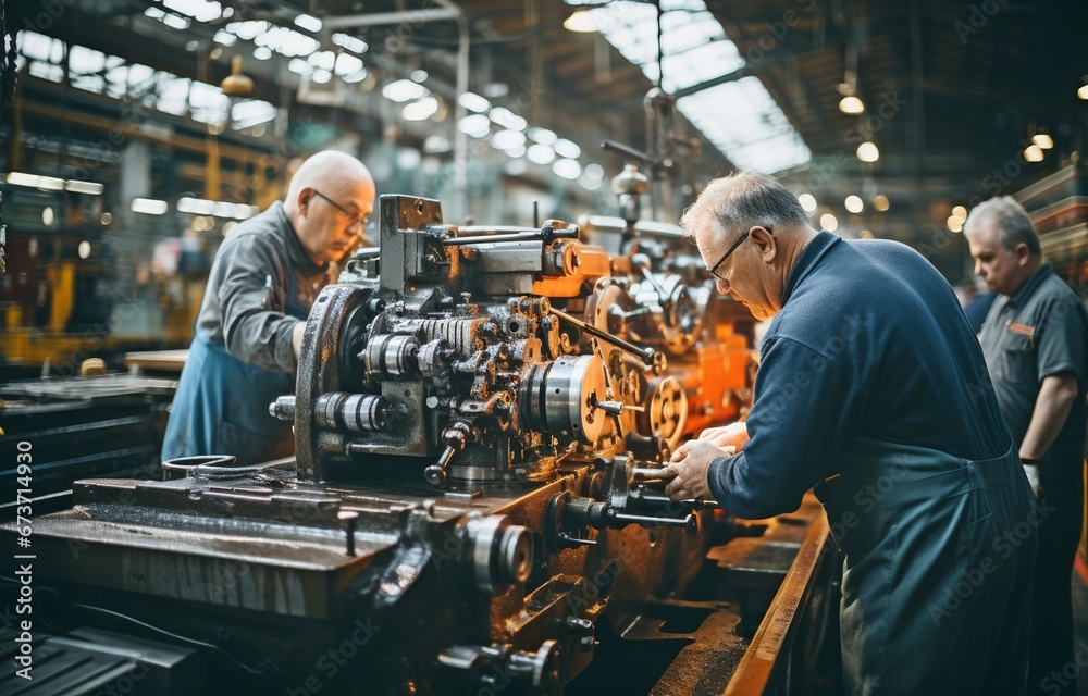 Workers working a lathe machine in a factory floor. Workers working a lathe machine in a factory floor.