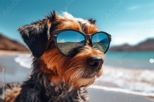 A Yorkshire Terrier dog is wearing sunglasses on the beach. Summer holiday concept banner. © Katewaree