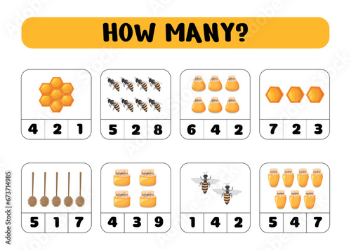 How many counts game with beekeeping objects for children, educational task in mathematics for the development of logical thinking, counting and choosing an answer, Vector Illustration